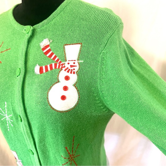 Crystal Kobe Christmas Cardigan Sweater Sm Green Felt Snowman Stitched - Picture 7 of 11